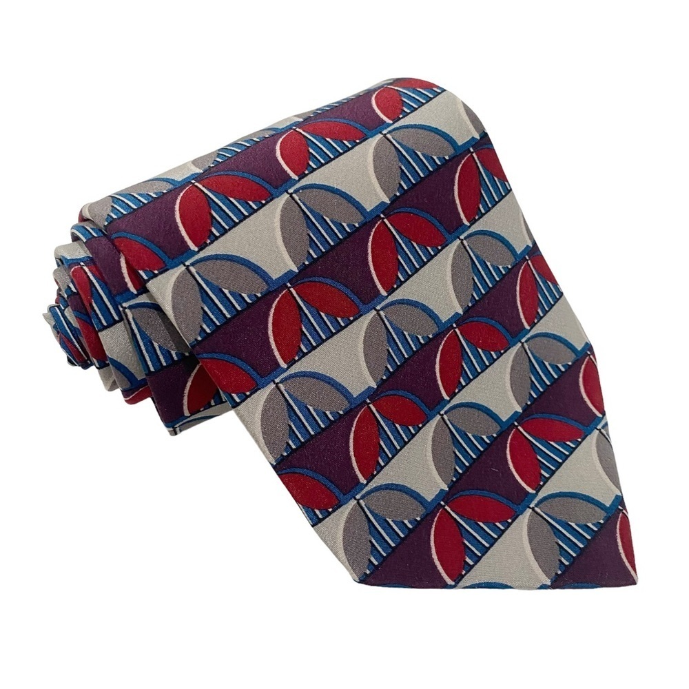 Frank Lloyd Wright Tie silk red/navy/gray MCM Frieze Tile 1950 Boxelder Italy